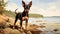 Digital Illustration Of A Lively Coastal Landscape With A Small Black And Tan Dog