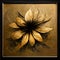 Digital illustration of a metallic golden 3d flower painting on a black background, wooden frame