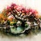 Digital illustration of oriental autumn garden with beautiful colorful trees and a pond