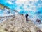 Digital illustration person walking during winter at baltic sea coast landscape cliff at Wustrow and Ahrenshoop at Darss peninsula