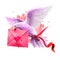 Digital illustration of pigeon bringing love letter. Flying post pigeon. Beautiful design with pink paint splashes. Happy