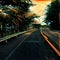 Digital illustration - The road, sunset colors. Sunset highway image with curved asphalt highway