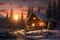 A Digital illustration of a rustic log cabin surrounded by snow, with smoke rising from the chimney and warm light glowing from