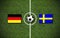 Digital illustration of a soccer pitch with the flags of Germany and Sweden