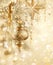 digital illustration, sparkling golden festive background, bokeh lights, vintage Christmas tree ornaments, gold balls, stars, win