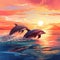 Digital illustration of swimming whales in ocean during sunset