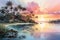 Digital illustration of a tranquil tropical sunset with vibrant skies and reflective water