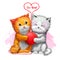 Digital illustration of two cute kittens holding red ball of yarn. Beautiful design with paint splashes. For you title. Happy