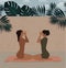 Digital illustration of two girls doing steamy yoga, eyes closed, sitting in a yoga pose and meditating in nature