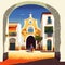 Digital illustration of typical Spanish architecture. Small town with white houses church on a hot summer day in bright sunlight.