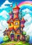 A digital illustration of a wizard\\\'s tower with sharp turrets an