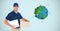 Digital image of delivery man holding box and writing pad while standing by planet earth against blu