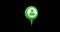 Digital image of a green map pin with a profile icon in the middle moving against a black background