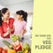 Digital image of happy asian mother and daughter making salad, eat some veg this veg pledge text