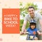 Digital image of happy caucasian father and son with happy bike to school week text, copy space