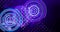 Digital image of spot of light over multiple neon round scanner spinning against blue background