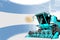 Digital industrial 3D illustration of blue advanced farm combine harvester on Argentina flag - agriculture equipment innovation