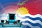 Digital industrial 3D illustration of blue modern grain combine harvesters on Kiribati flag, farming equipment modernisation