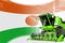 Digital industrial 3D illustration of green advanced rural combine harvester on Niger flag - agriculture equipment innovation