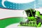 Digital industrial 3D illustration of green advanced rye combine harvester on Uzbekistan flag - agriculture equipment innovation