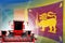 Digital industrial 3D illustration of red modern rye combine harvesters on Sri Lanka flag, farming equipment modernisation concept