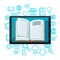 Digital library concept. Tablet with open book. E-book online reading