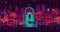 Digital Lockdown: Padlock amidst a Vibrant Cityscape AI Generated