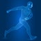 Digital man figure in running pose 3d wireframe style vector illustration.