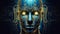 Digital Man\\\'s Head with Circuitry Lines Pattern in Metallic Golden Structure on Dark Blue Background, generative AI