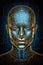 Digital Man\\\'s Head with Circuitry Lines Pattern in Metallic Golden Structure on Dark Blue Background, generative AI