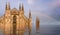 Digital manipulation of flooded facade of Milan, Italy`s Duomo cathedral