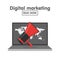 Digital marketing concept illustration. Megaphone and laptop with map background.