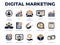 Digital Marketing Icon Set. Target Audience, SEO, Email Marketing, Website, Analytics, Customers, Testimonials, Attract, Social