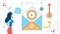 Digital marketing, woman character and email advertising line icons isolated