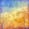 Digital oil painting autumn trees, flying birds
