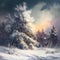 Digital oil painting of winter solstice in isolated snowy forest after snow fall. Beautifully natural winter scene, blizzard trees