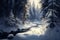 Digital oil painting of winter solstice in isolated snowy forest after snow fall..generative ai