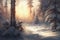 Digital oil painting of winter solstice in isolated snowy forest after snow fall..generative ai