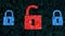 Digital padlocks secure except one red lock, hacker attack virus detected