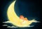 Digital painted night scene of baby kid sleeping on light moon a