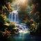 Digital painterly image of a hidden oasis nestled amidst lush greenery and cascading waterfalls