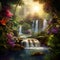 Digital painterly image of a hidden oasis nestled amidst lush greenery and cascading waterfalls