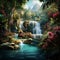 Digital painterly image of a hidden oasis nestled amidst lush greenery and cascading waterfalls