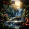 Digital painterly image of a hidden oasis nestled amidst lush greenery and cascading waterfalls