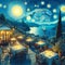 A digital painting art of a breathtaking terrace cafe, with sea view in a starry night of Van Gogh, boats, tree, moonlit