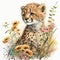 Digital painting of a baby cheetah sitting in the grass with flowers