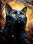 Digital painting, black cat undergo energy transformation, Virtual reality concept