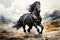 Digital painting of a black horse galloping in the prairie. generative AI Generative AI