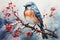 Digital painting of a bluebird sitting on a branch with red berries Generative AI Generative AI