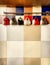 Digital Painting- coffee cups hanging on a colored tile wall